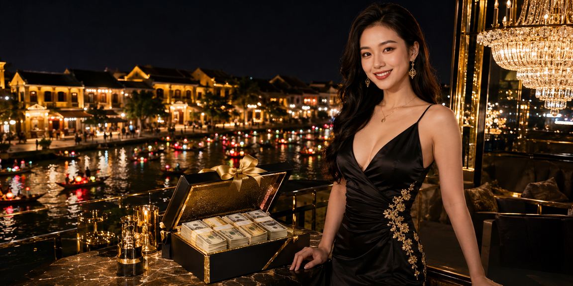 Người dùng đọc điều khoản sử dụng dịch vụ cá cược tại Hội An với trang phục truyền thống